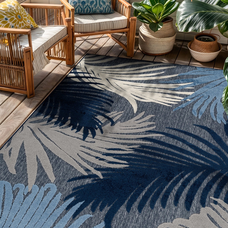 Floral Navy/Ivory Indoor/Outdoor High-Low Area Rug, Rectangle 4' x 6', Dark Blue