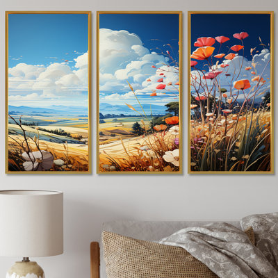 Blooming Poppies In The Meadow - Ensemble d'art mural prairie