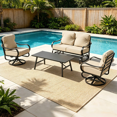 4 Piece All Weather Metal Patio Conversation Set with Swivel Rocker Chairs, Loveseat & Coffee Table, Cushioned Outdoor Furniture for Poolside, Backyard, Garden, Deck & Porch