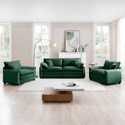 Ensemble de canapé luxueux et sophistiqué avec coussins et coussins moelleux, ensemble de canapé pour les salons et les clubs ainsi que les cinémas maison, composé de deux canapés simples et d'un canapé 2 places en Corduro vert