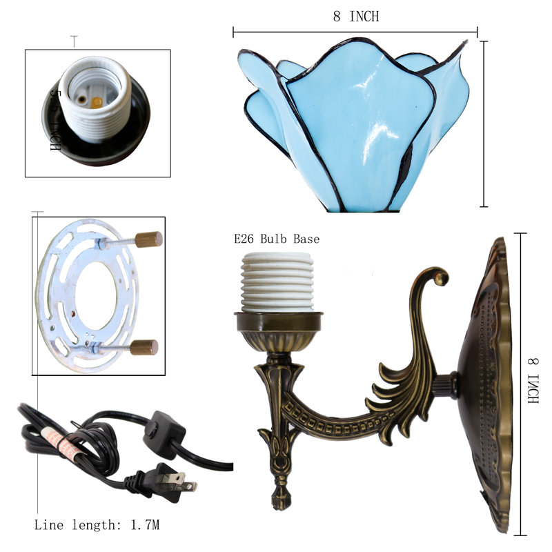 Tiffany Wall Sconce Lamp Blue Stained Glass Flower Style 8X10.5X11 Inch Plug in Wall Bedside Light for Hallway Bedroom (Blue Flower Style)