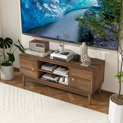 Mid-Century Modern 2-Door Tv Stand For Tvs Up To 45" With Solid Wood Legs