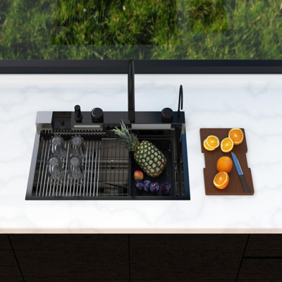 Évier de cuisine à cascade 33 po x 22 po, affichage numérique intelligent avec boutons de piano de luxe, cuve simple en acier inoxydable 304 de calibre 16 avec robinet et accessoires, évier de poste de travail multifonctionnel, conception en bronze à canon de 33 po x 22 po x 10 po
