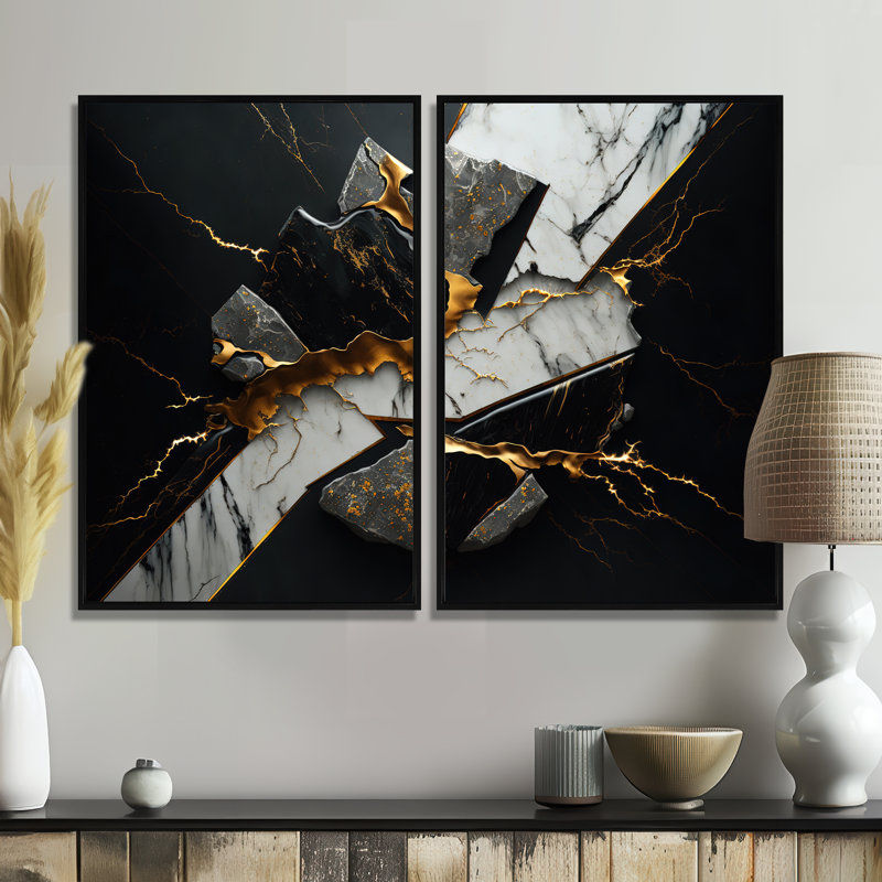 Géode abstraite noire III - impressions sur toile modernes noires, Black, 36" H x 48" W, Impression encadrée flottante