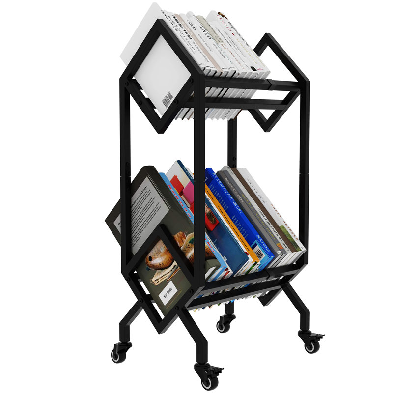 Black Industrial 2-Tier Metal Bookcase with Wheels