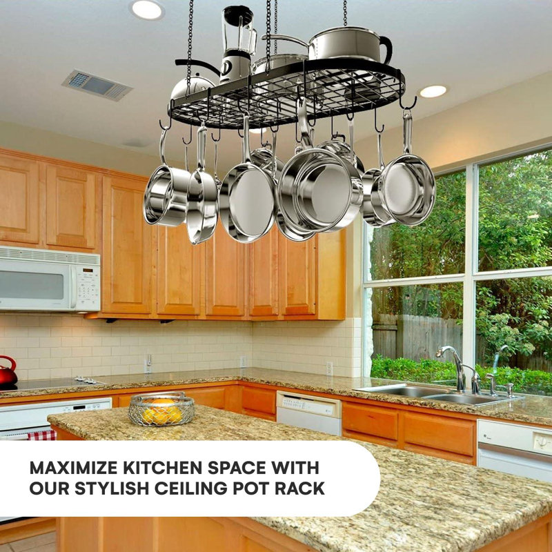 Stylish Black Alloy Steel Ceiling Storage With 15 Hooks - Organize Kitchen Cookware And Utensils - Space-Saving Mounted Overhead Holder