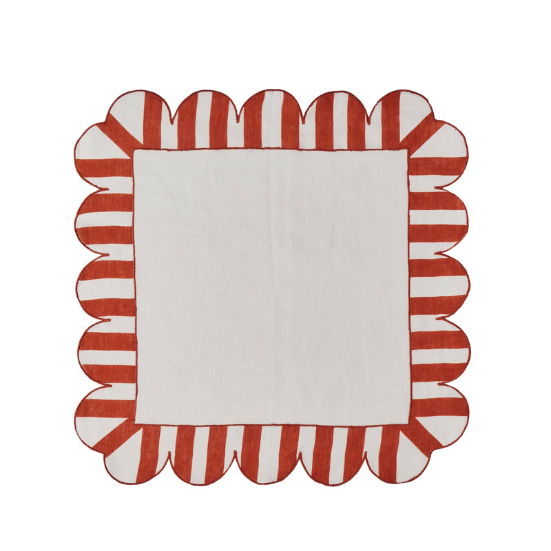 Jardin Embroidered Linen Scalloped Stripe Napkins, Red/White
