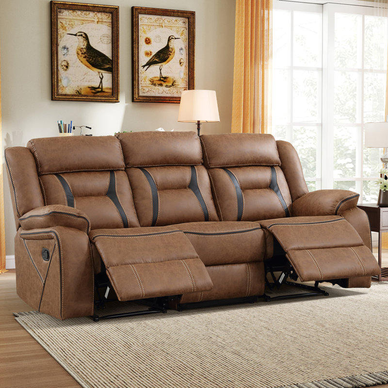  84.6" Wide Vegan Leather Manual Reclining Sofa, 3-Seater Recliner Couch with Pillow Top Arms & Wide Backrest
