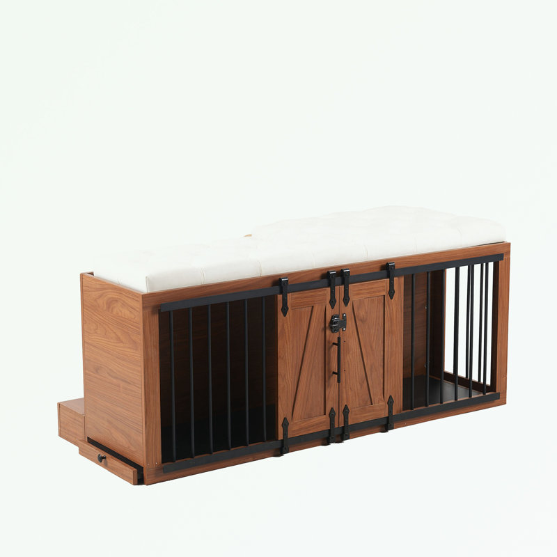 Cage pour chien 2 en 1 avec siège rembourré et porte de grange coulissante