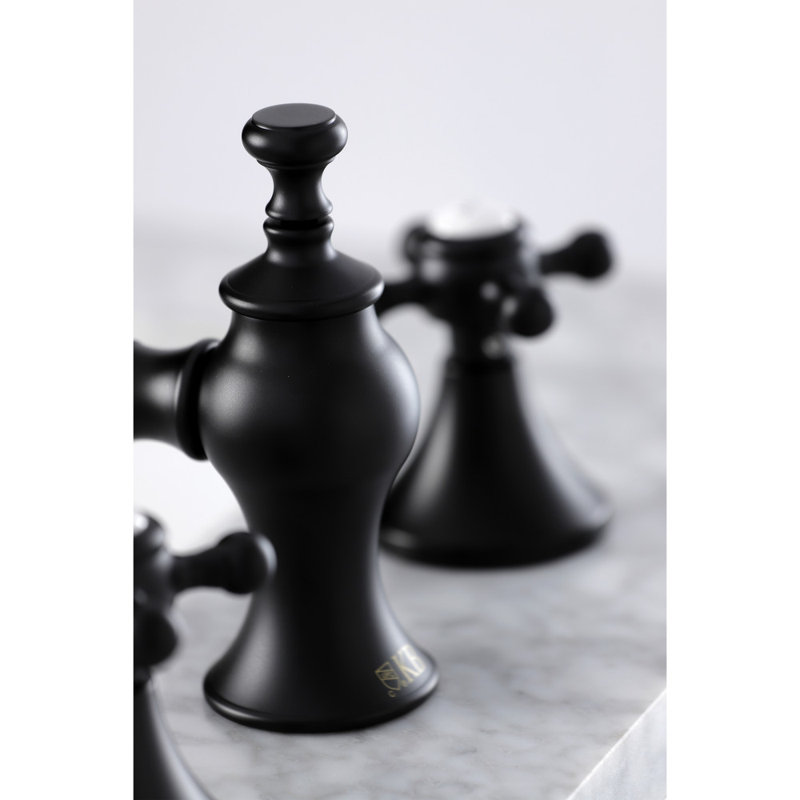 Kingston Brass English Country Two-Handle 3-Hole Deck Mount Widespread Bathroom Faucet with Brass Pop-Up Drain, Matte Black