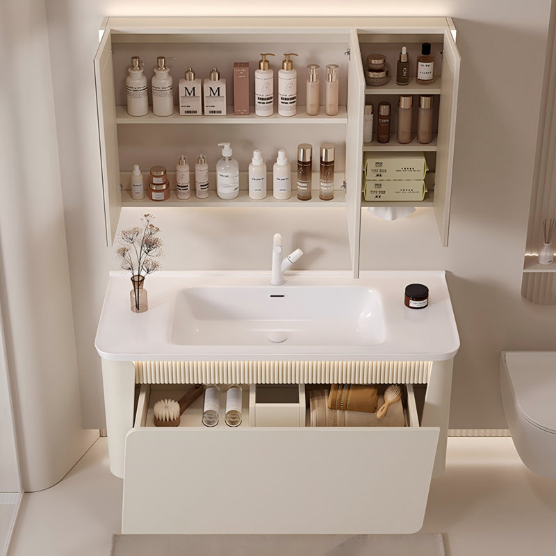 Meuble-lavabo mural en bois d'hévéa crème avec miroir intelligent, H 19,69 po x l 47,24 po x P 19,69 po