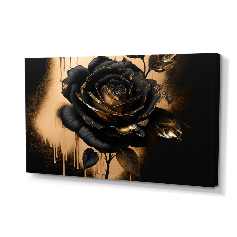 «Black and Gold Rose IV», art mural sur toile floral et botanique