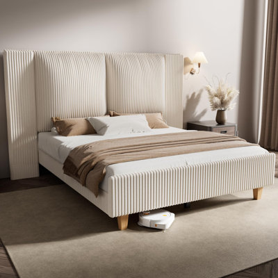 Corduroy Upholstered Bed with  Tall Upholstered Headboard