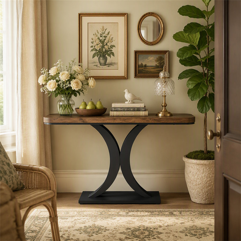 Console de 101,6 cm (40 po), table d'entrée étroite avec piètement géométrique, Brun