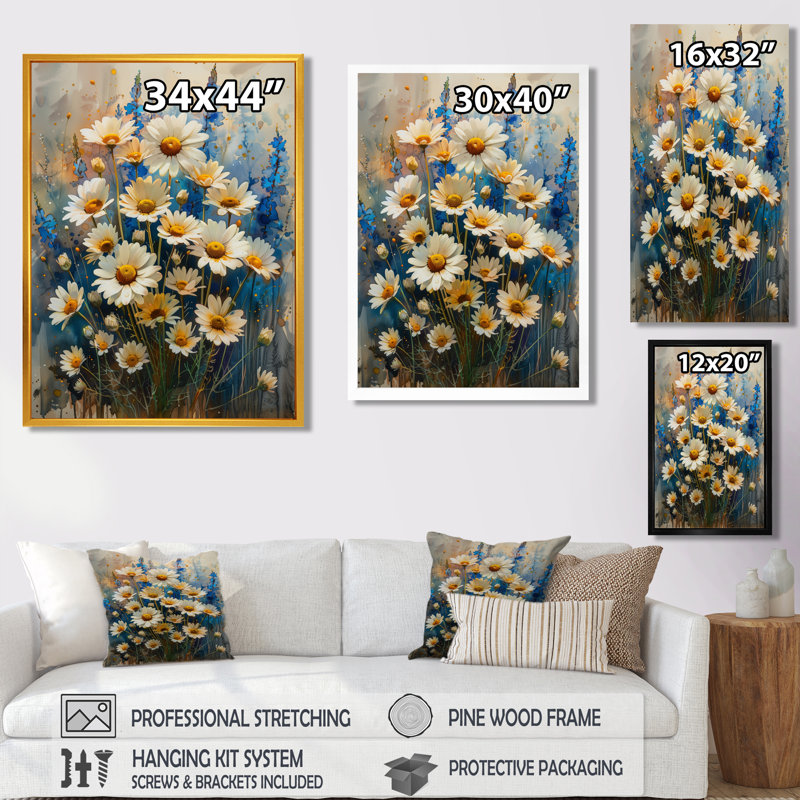 Bleu et blanc nature morte fleurs de jardin I - marguerites, impression d'art mural, H 40 po x l 30 po x P 1,5 po