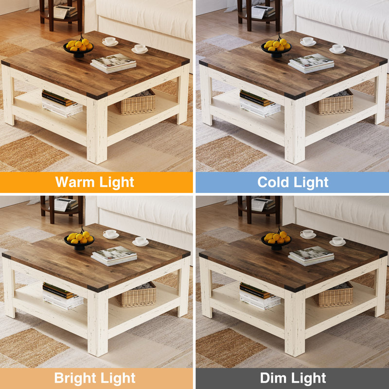 Zara Square Coffee Table With 2-tier Storage Shelves, White/Oak Wood