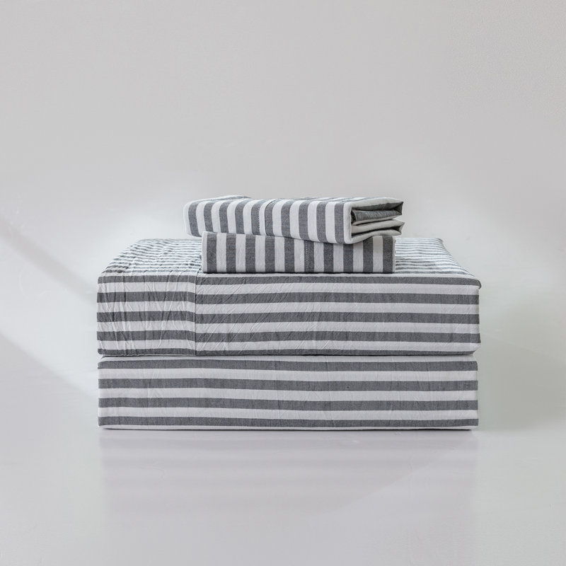 MooMee Striped Sheet Set 100% Washed Cotton Linen Like Textured Breathable Lightweight, Queen Sheet Set with 2 Pillowcases