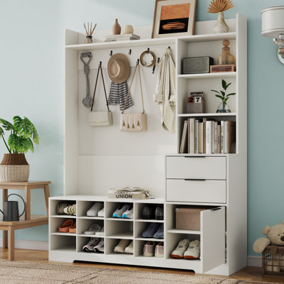 Portemanteau d'entrée avec banc et rangement pour chaussures, banc d'entrée 5 en 1 avec portemanteau et armoire de rangement, 12 casiers à chaussures et 9 crochets à manteau, banc d'entrée de ferme avec tiroir pour couloir, chambre à coucher (blanc)