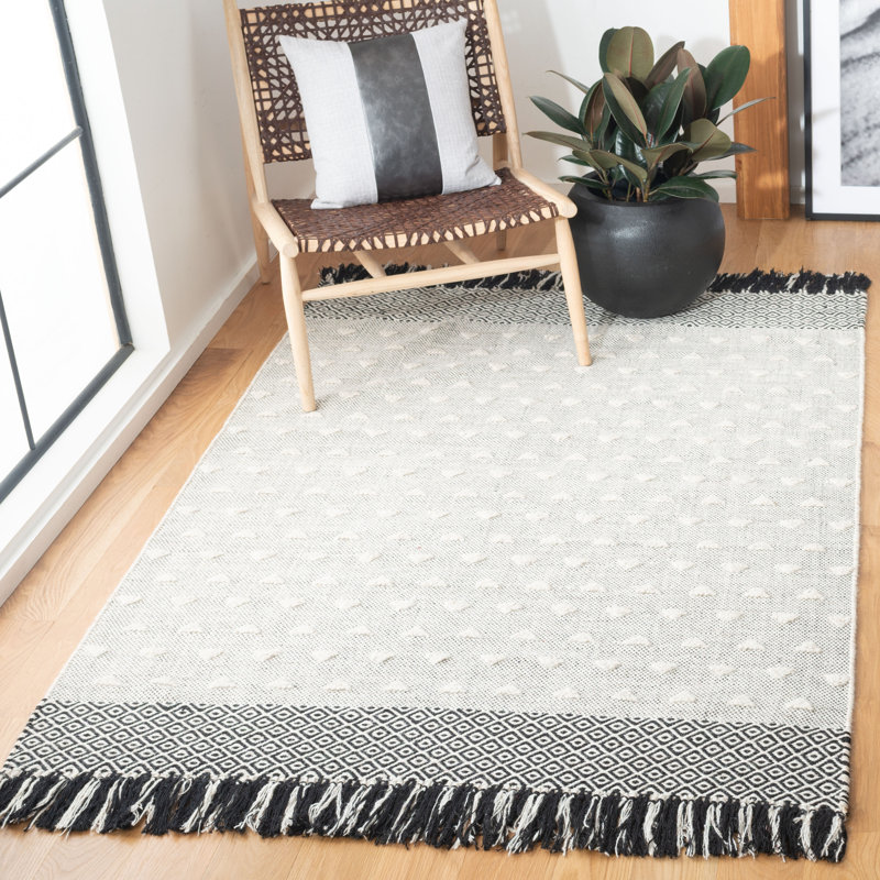 Tapis marocain en laine / coton tissé à plat marocain noir / ivoire, Rectangle 5 pi x 8 pi