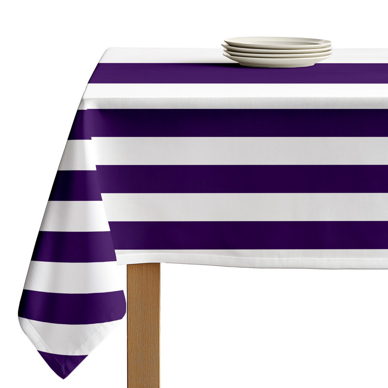 Caius Cabana Stripe Rectangular Washable Polyester Tablecloth for Dining Linen, Purple / White