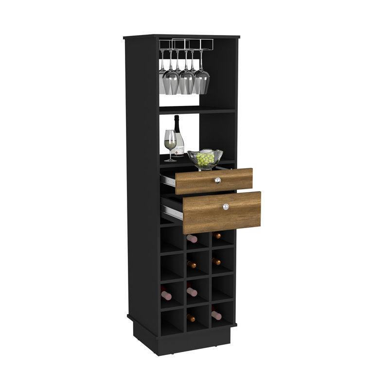 Bar Barck avec rangement pour le vin et tiroirs, finition noyer et noire, Black/Brown