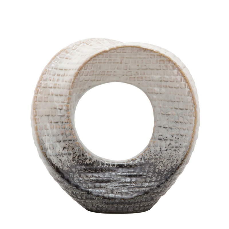 Modern Stoneware Ceramic Decorative Object, Ivory/Beige, 8" H x 8" W x 3" D