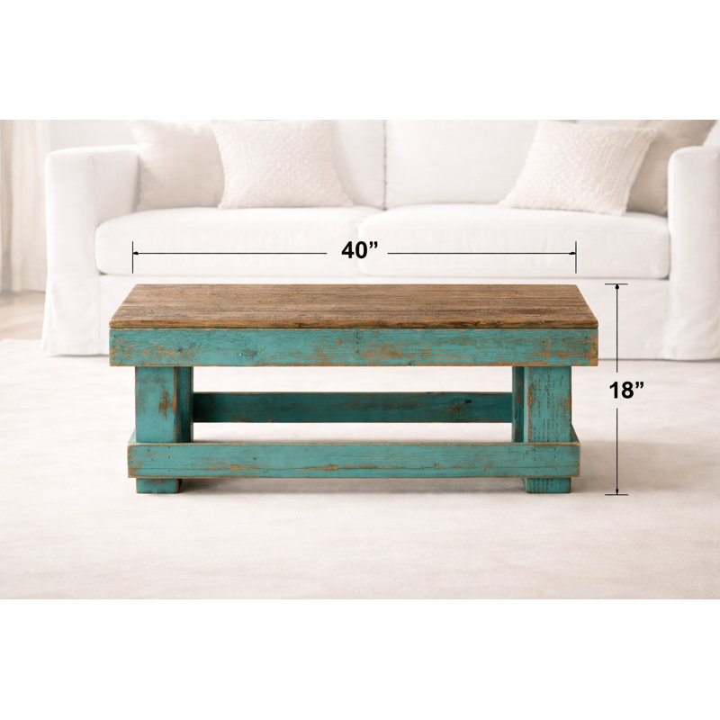 40” Reclaimed Wood Coffee Table – Turquoise Combo Rustic Farmhouse Table | Solid Wood, Handmade, Fully Assembled, Brown