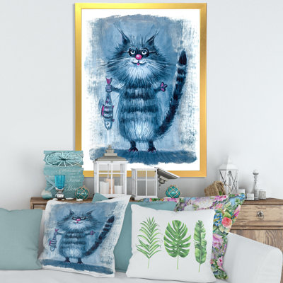 Chat tenant un poisson dans ses griffes - peinture sur toile