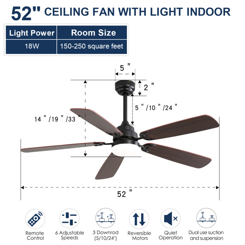 Modern 52 Inch Led Ceiling Fan With 110V 6 Speed Wind 5 Blades Remote Control Reversible DC Motor With Light, Brown