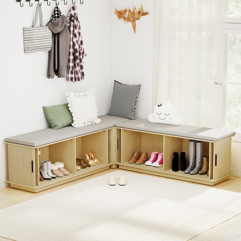 Banc de rangement en L avec porte coulissante, banc de rangement en coin, banc de coin-repas cannelé pour salle à manger, cuisine