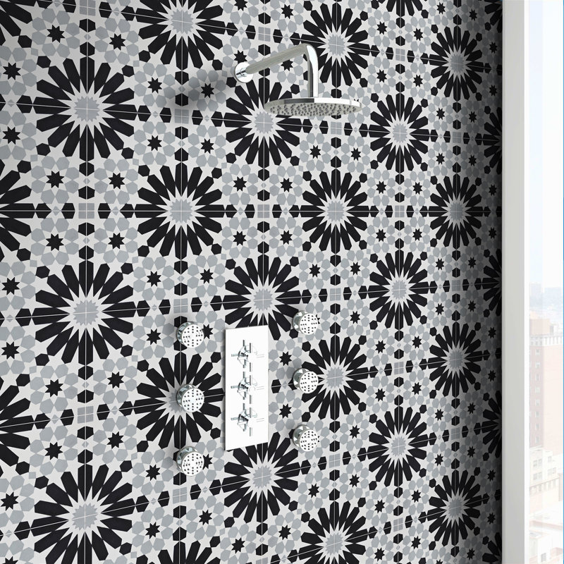 Agdal 8" x 8" Cement Patterned Wall & Floor Tile, Black/Gray