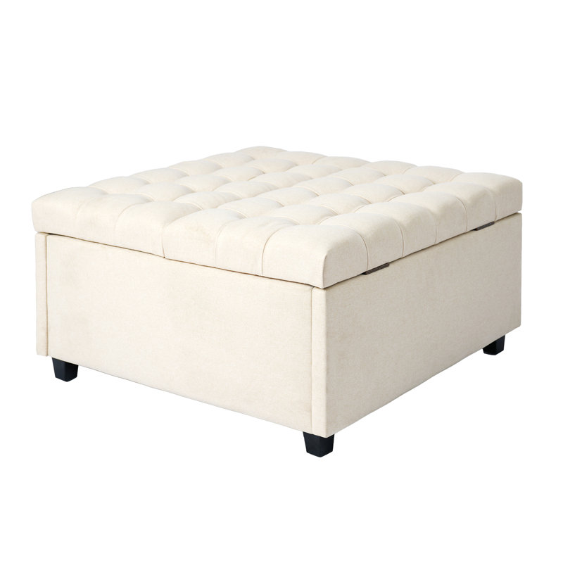Repose-pieds beige capitonné avec rangement en lin, table basse carrée 31,29 "avec rangement caché pour le salon