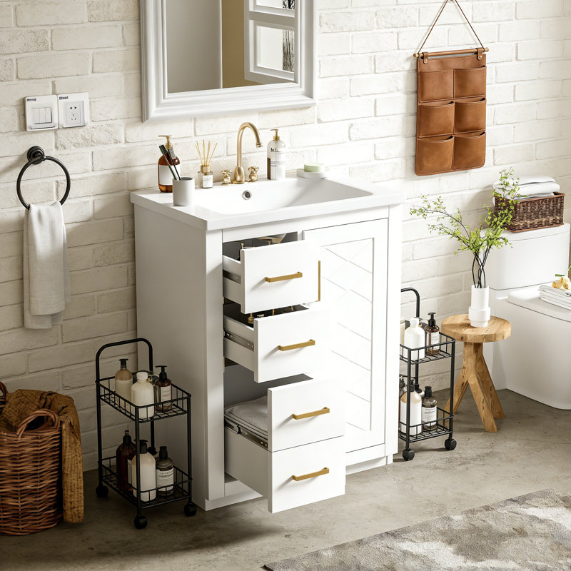 Meuble-lavabo de 30 po avec lavabo en céramique et rangement en bois massif, Blanc