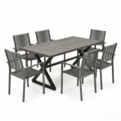 Spacious 7 Piece Patio Dining Sets, Aluminum Rope Modern Wood Look Outdoor