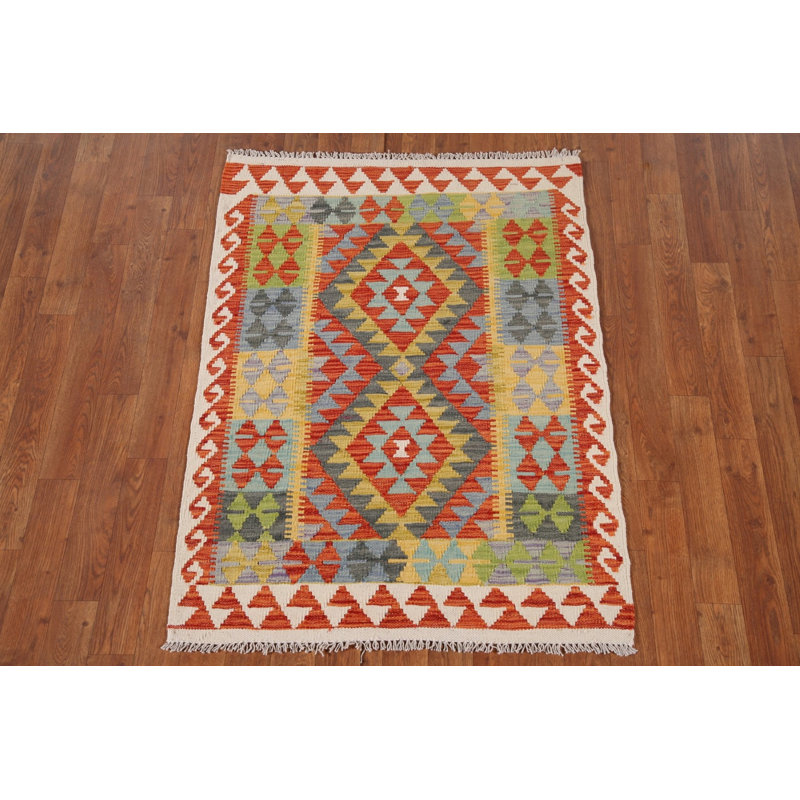 Tapis oriental multicolore en laine Kilim 3 x 4