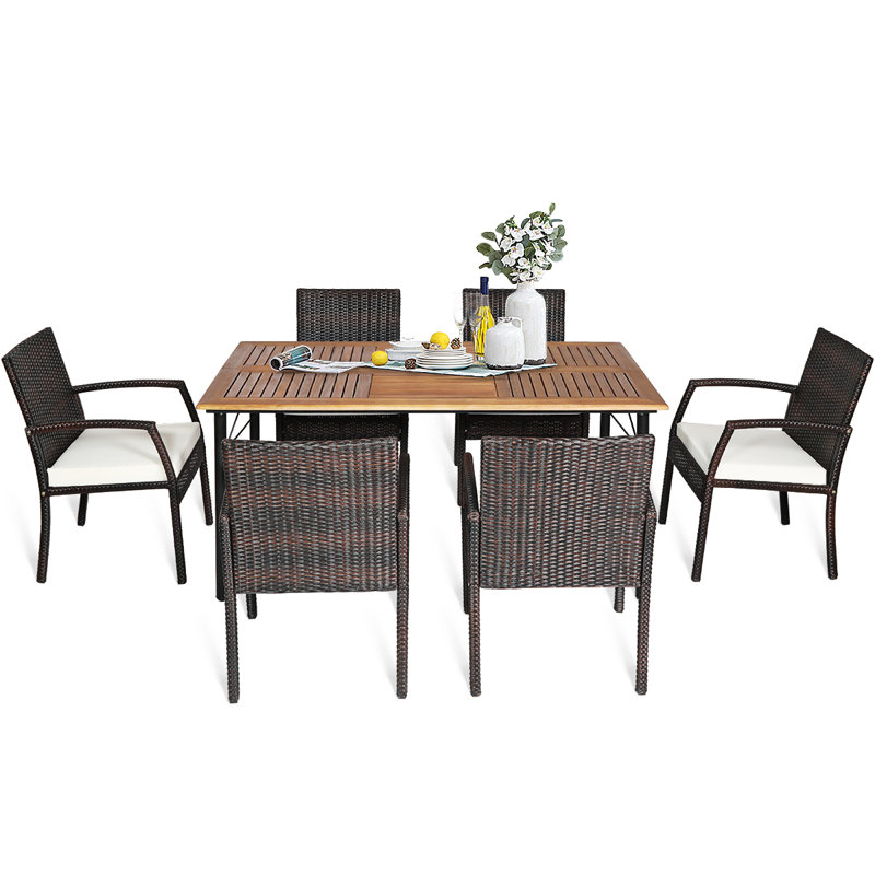 6 - Person Wicker Patio Dining Set with Rectangular Table , Cushions Included, Off White
