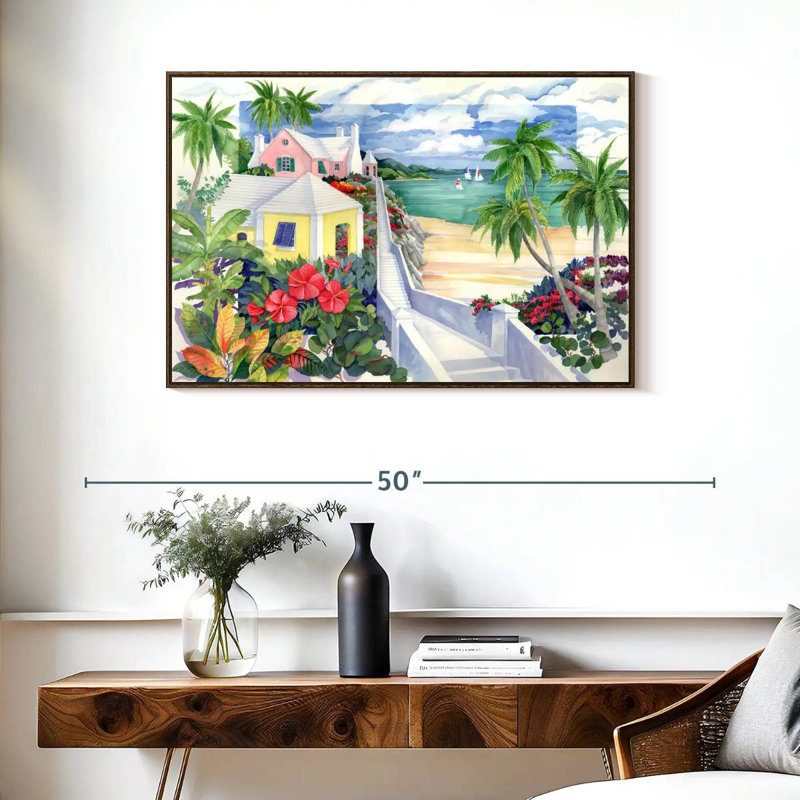 Island Cliff, 37 po x 25 po, Cadre flottant noyer