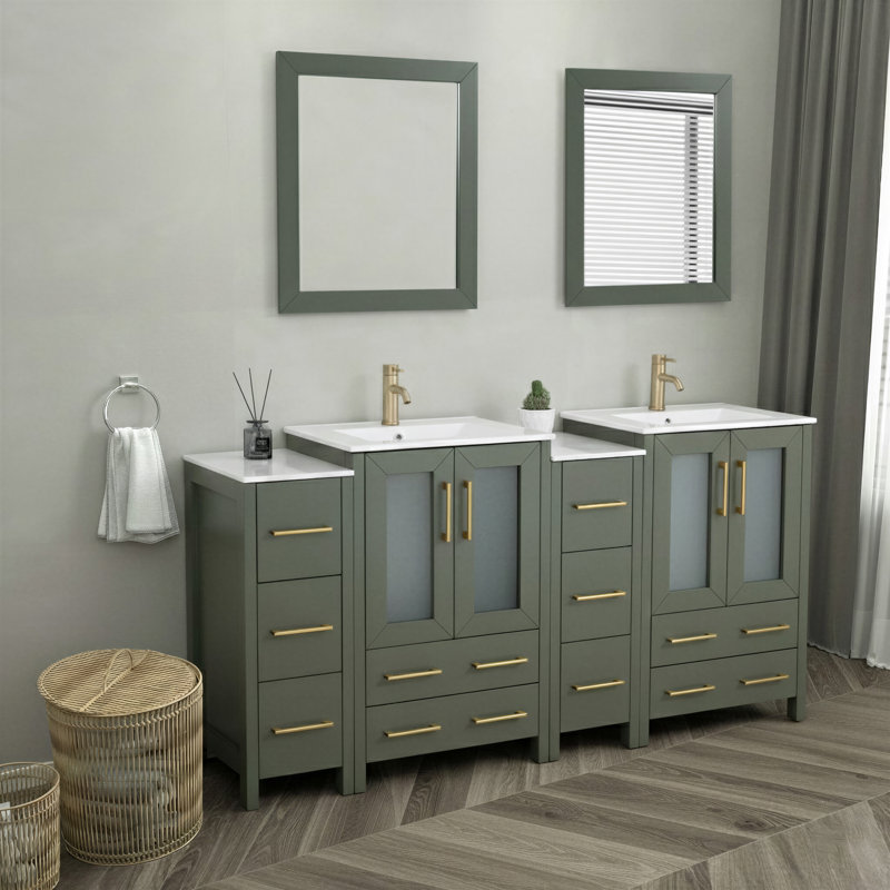  Modern 72" Double Bathroom Vanity Set with Mirror, Vintage Green