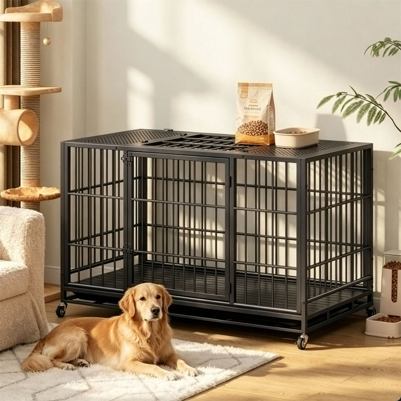 Caisse mobile pour chien avec chenilles verrouillables, H 35,84 po x l 47,65 po x P 31,11 po