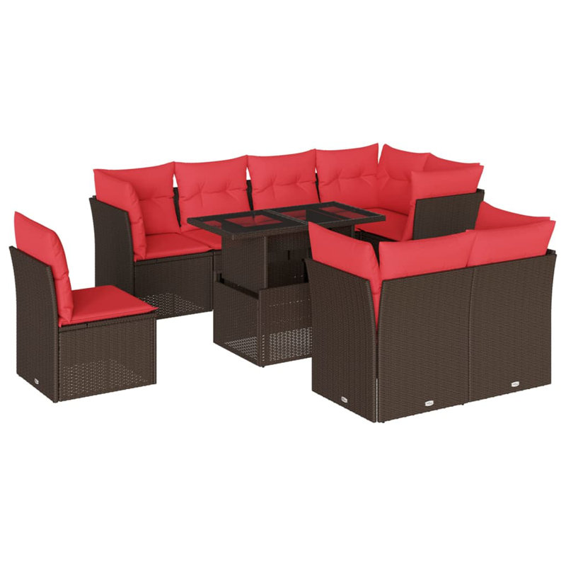  Ensemble de canapé de patio 9 pièces avec coussins en rotin de polyester brun, Rouge, Brun