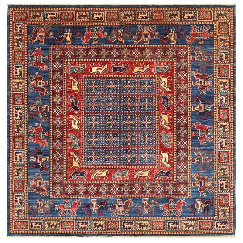 Tapis unique 5 pi Pyzryk en bleu / rouille / brun nouvel âge Pyzryk