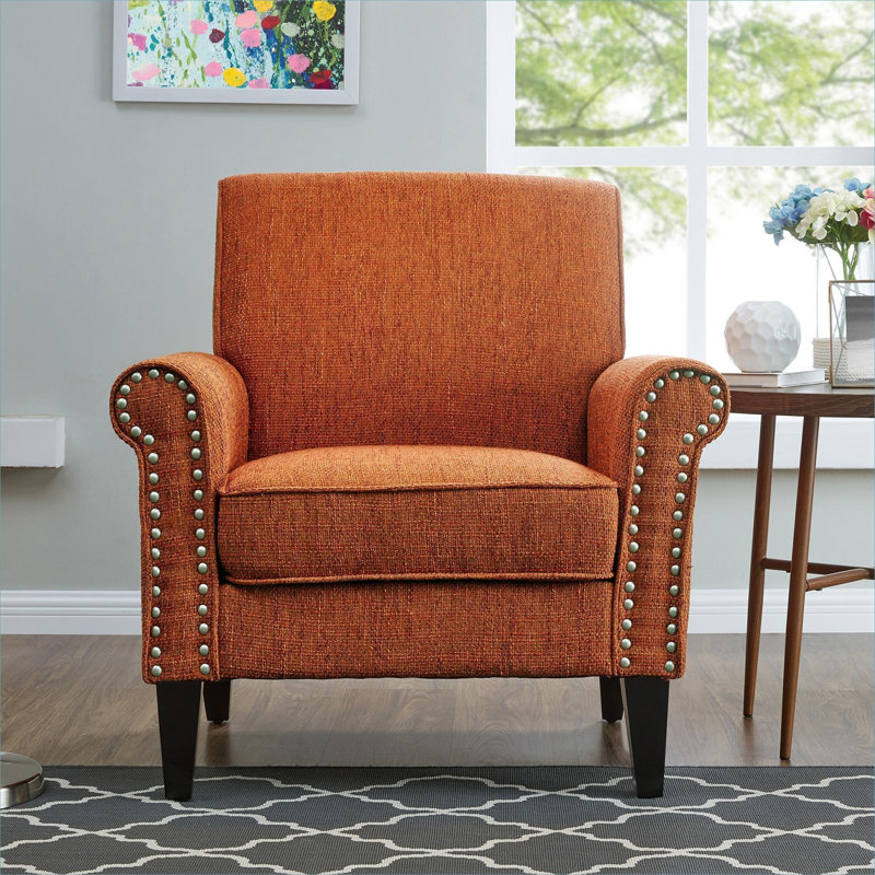 Fauteuil d'appoint rembourré Rich Orange, conception compacte de petit espace avec garniture cloutée et pieds en bois massif brun foncé
