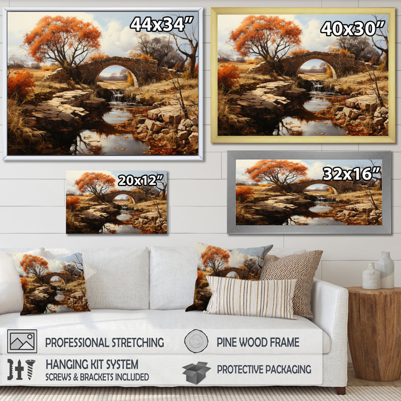 «Countryside the Old Bridge II», reproduction sur toile, H 16 po x l 32 po x P 1 po, Cadre flottant noir