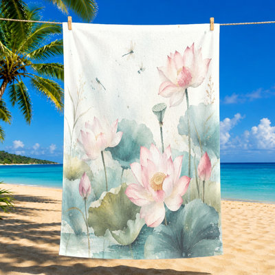 1PCS Delicate Lotus Beach Towel, Artistic Floral Design, Perfect for, Pool, and Travel, Vibrant Aquatic Scenery