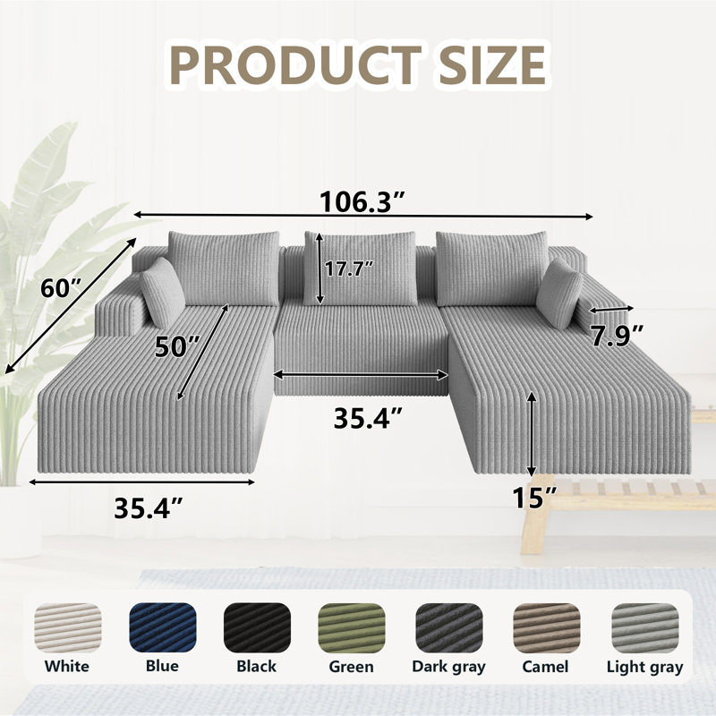Canapé modulaire en U de 107 po en velours côtelé 107 po, canapé moderne modulaire à 4 places sans os avec 6 coussins, canapé rembourré à siège profond pour le salon, sans assemblage requis