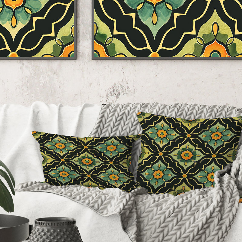 Motif de treillis noir et vert - coussin décoratif moderne, H 16 po x l 16 po