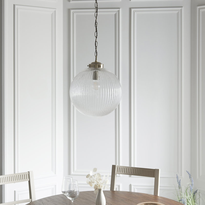 Bateson 1 - Light Globe Pendant, Antique Brass/Clear Ribbed Glass, 100cm H x 25cm W x 25cm D