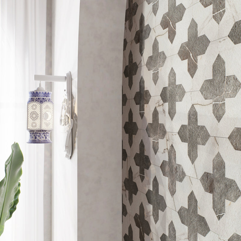 Istanbul Templar Shield With Cross 8-3/8 In. X 8-3/8 In. Porcelain Floor And Wall Tile Kit, White/Black