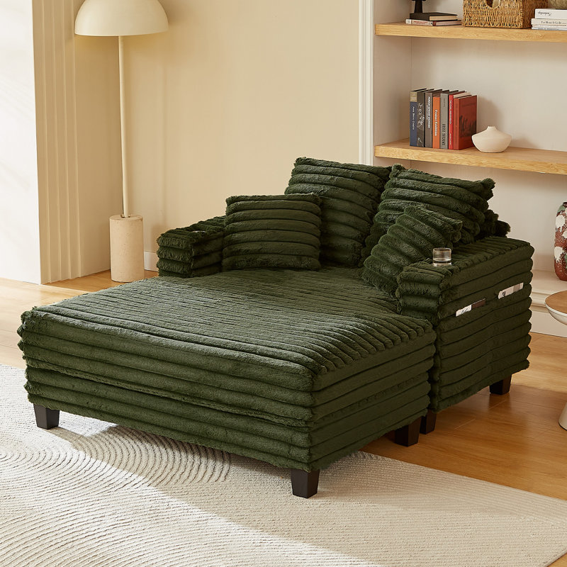 Chaise Lounge Chair Indoor, Amsleekey 64" Oversized Sleeper Chair With Wood Frame, Upholstered Sofa Bed For Living Room, Movie Room, Bedroom With 4 Storage Pockets& 2 Cup Holders(Plush Corduroy, Green)