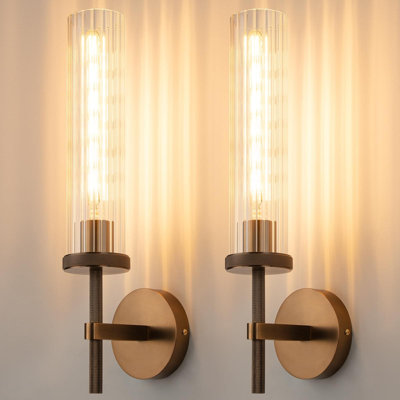 Micstar Vertical Striped Glass Wall Sconces, Set Of 2, Modern Hardwired Vanity Light Fixtures With Knurled Metal Base For Bathroom, Bedroom, Living Room, And Hallway